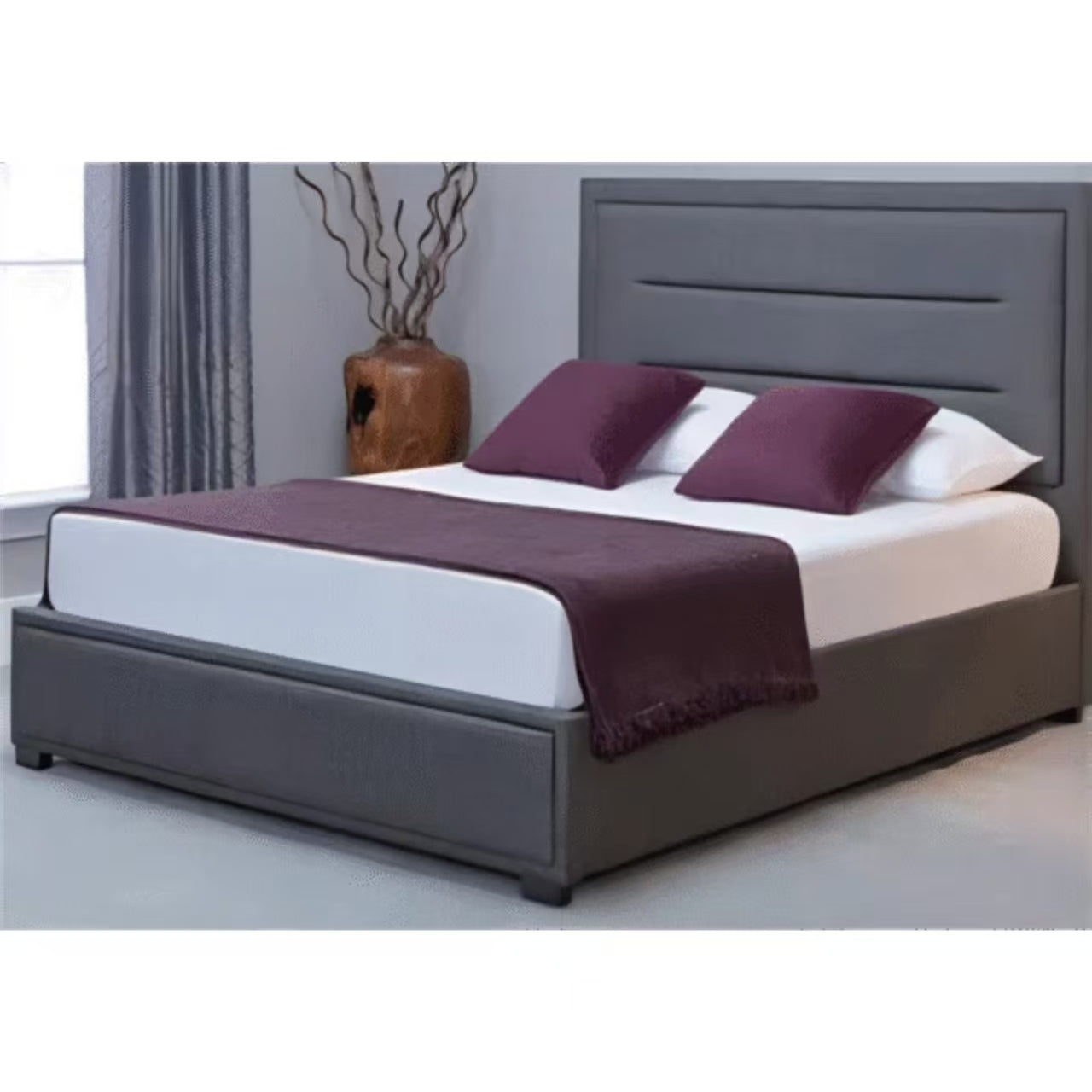 KUNDI OTTOMAN STORAGE BED UPHOLSTERED IN GREY FABRIC