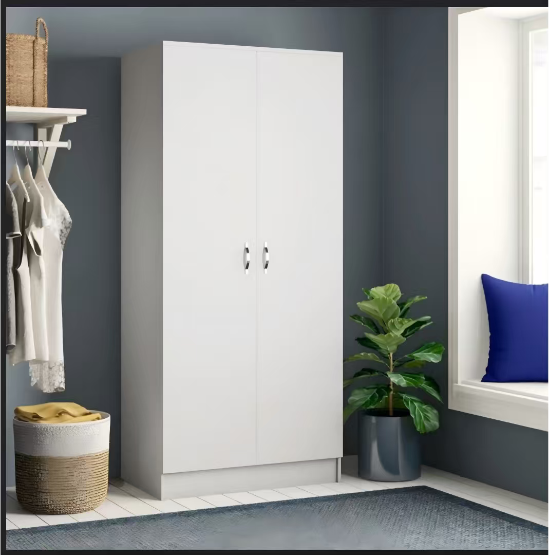 MODERN WHITE 2 DOOR WARDROBE WITH HANGING RAIL & SHELF STORAGE