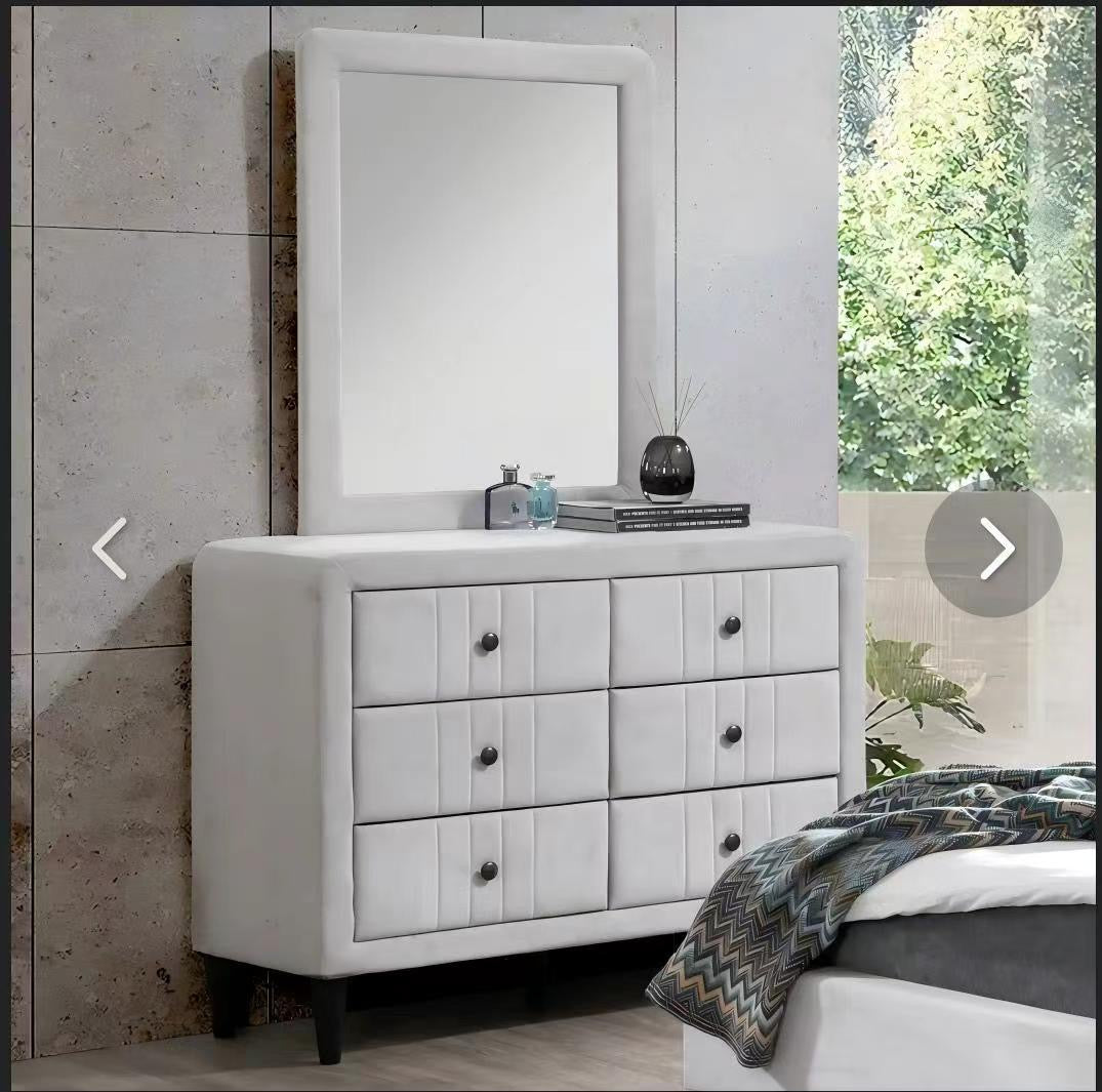 LUXURY UPHOLSTERED WARDROBE SET WITH SIX DRAWERS AND MIRROR STYLISH MODEN BEDROOM STORAGE