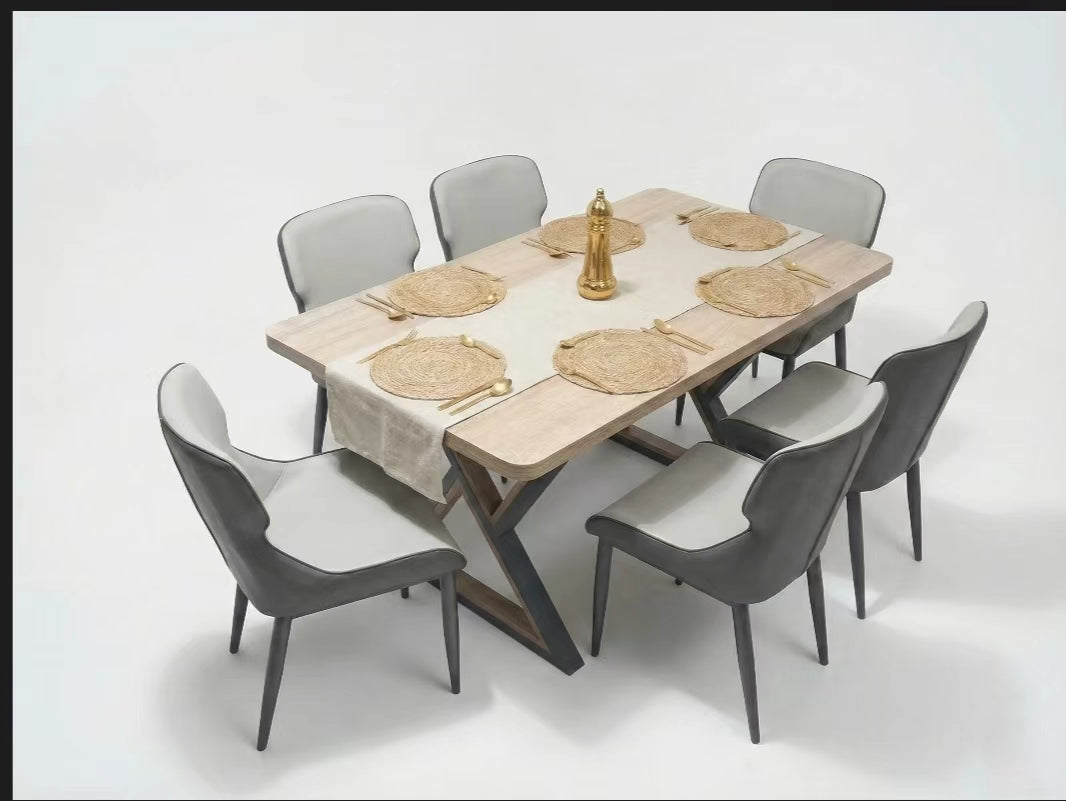 6 SEATER DINING TABLE SET WITH GEOMETRICAL METAL BASE WITH WOODEN