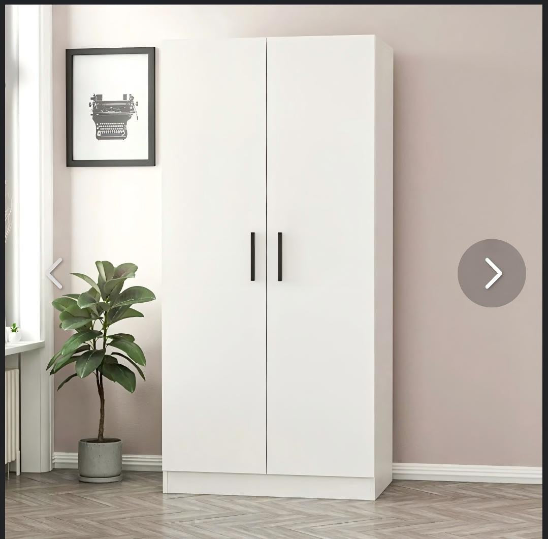 MODERN 2 DOOR WHITE WARDROBE WIT DOUBLE HANGING RAILS 90CM