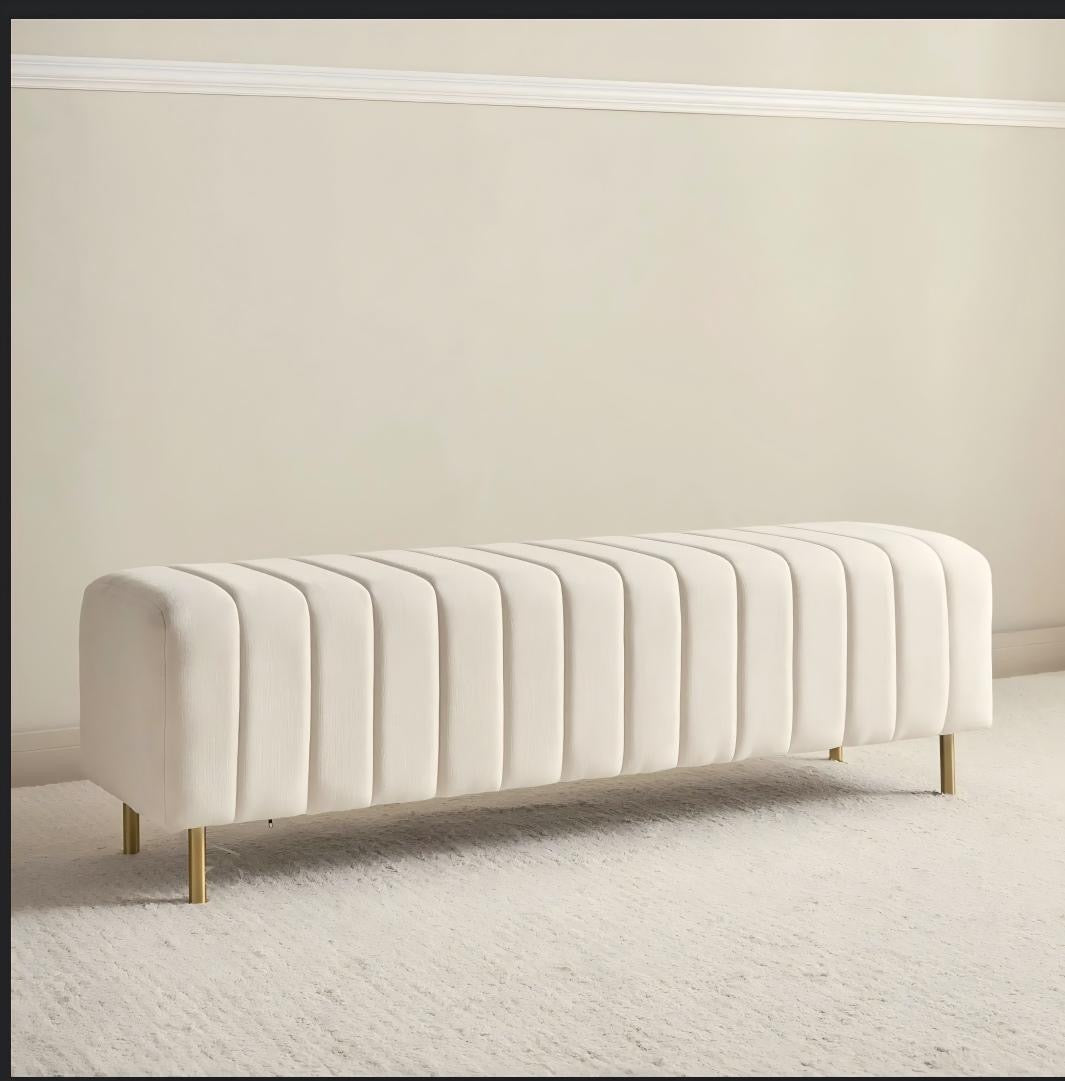LUXURIUS CHANNEL TUFTED BENCH WITH GOLD LEGS MODERN GLAM ACCENT SEATING