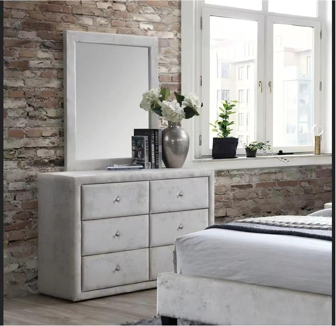 LUXURY UPHOLSTERED WARDROBE SET WTH SIX DRAWERS AD MIRROR STYLISH MODERN BEDROOM STORAGE