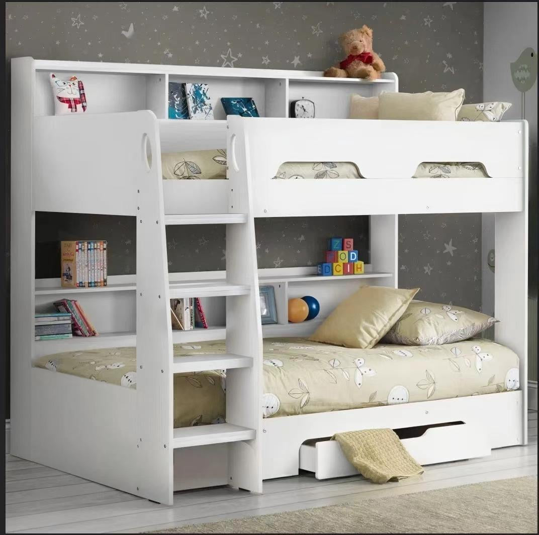 MODERN WHITE BUNK BED WITH STORAGE DRAWER AND STORAGE AND SHELVES 90X200CM