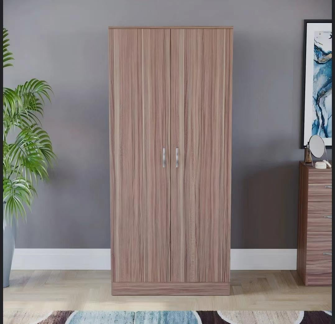 MODERN WOODEN 2 DOOR WARDROBE WITH HANGING RAIL & SHELF